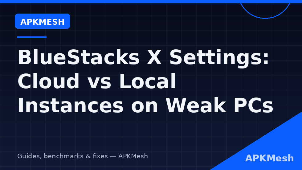 BlueStacks X launcher showing bluestacks x settings weak pc split between cloud streamed games and a tuned local instance