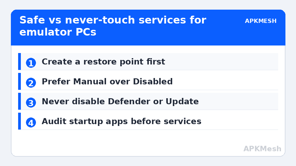 Safe vs never-touch services for emulator PCs