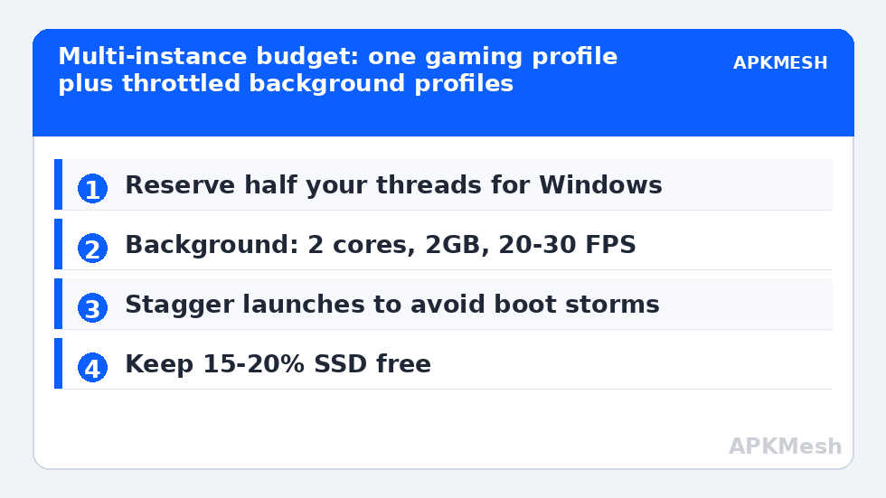 Multi-instance budget: one gaming profile plus throttled background profiles